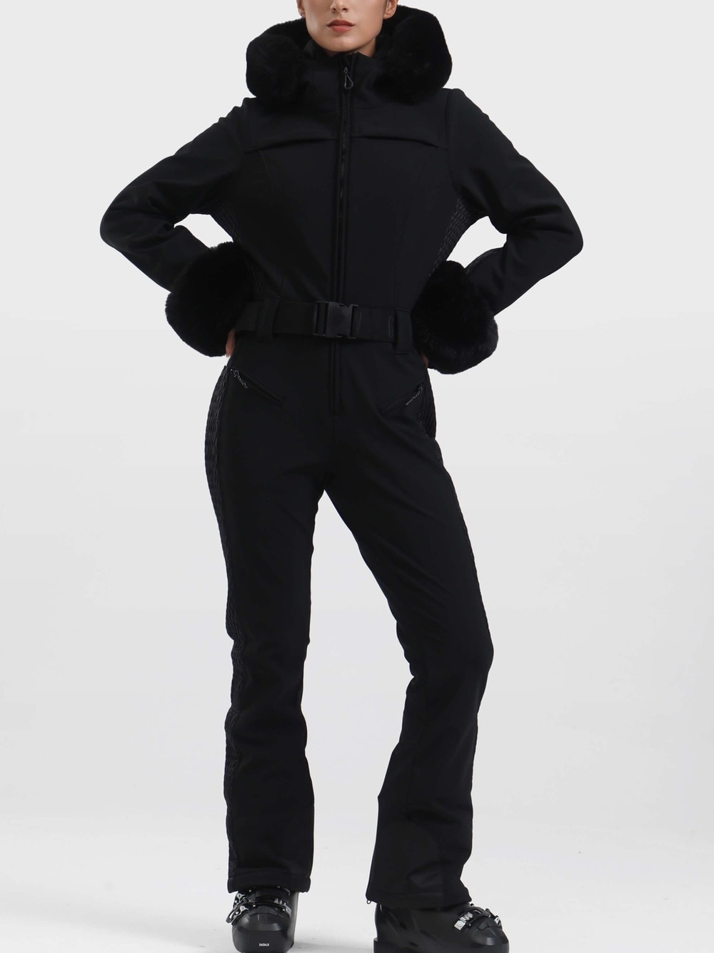 GSOU SNOW Black Faux Fur Shirred Waterproof One-Piece Ski Suit Size L